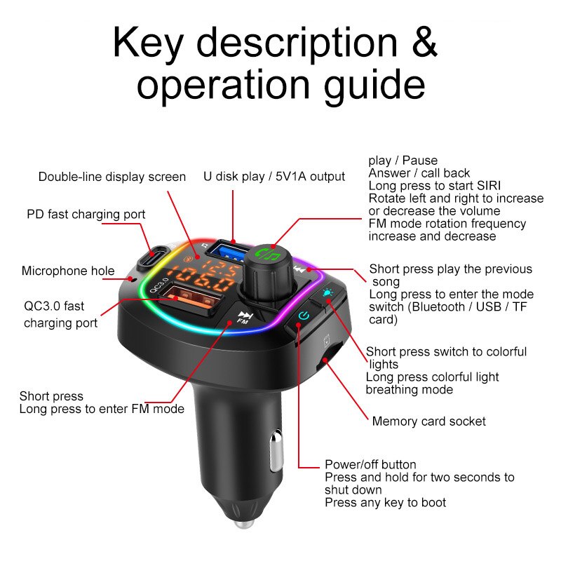 JaJaBor Bluetooth 5.0 Car Kit Handsfree Wireless FM Transmitter Dual Screen Display Car MP3 Player with PD18W QC3.0 Quick Charge