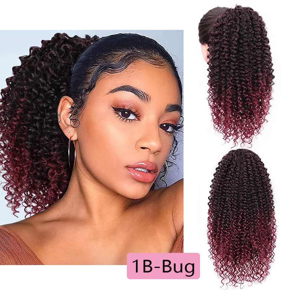 Coleta larga y rizada Afro vigorosa para extensiones de cabello, coleta sintética afroamericana con cordón, Clip: 1B-BUG