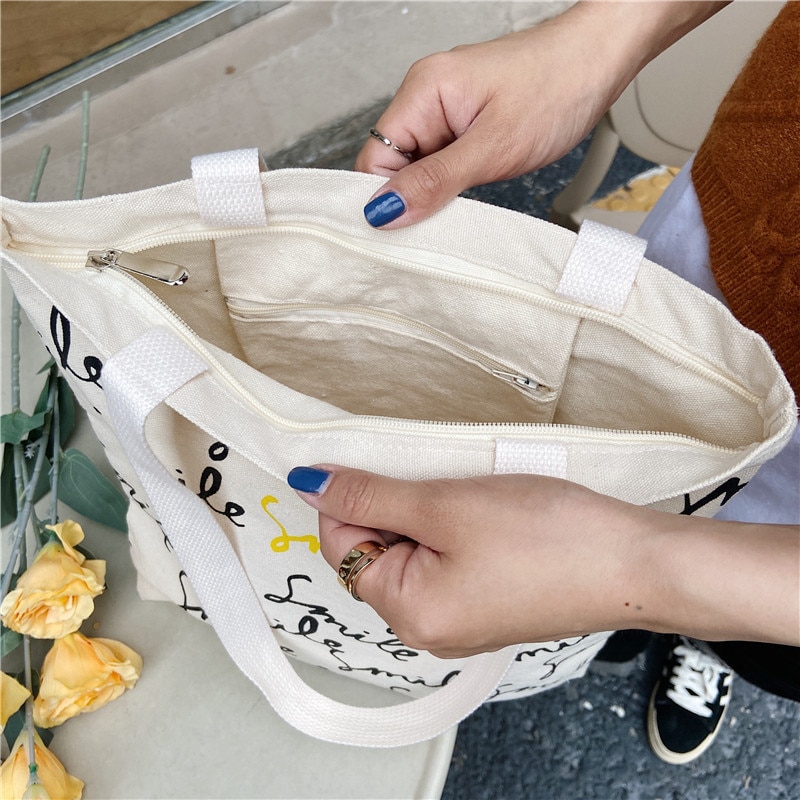 Einkaufstasche aus canvas mit smiley-schriftzug, große schultertasche aus baumwollstoff für damen, strandtasche