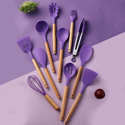 12 unids/set Color utensilios de cocina de silicona conjunto de madera de mango palo de utensilios de cocina espátula SpoonKitchen utensilios de cocina Gadgets: Purple