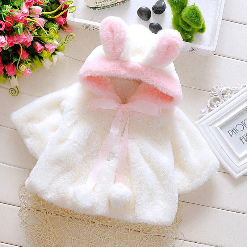 Dejligt lille barn baby piger bomuld fleece vinter varm frakke overtøj kappe sød øre hættejakke børnetøj outfits: Hvid / 9m
