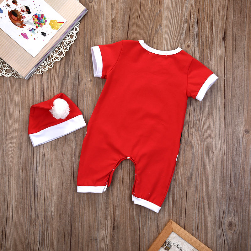 Spring Autumn Christmas Baby Boy Girl Santa Romper Short Sleeve Jumpsuit Hat Outfits Clothes