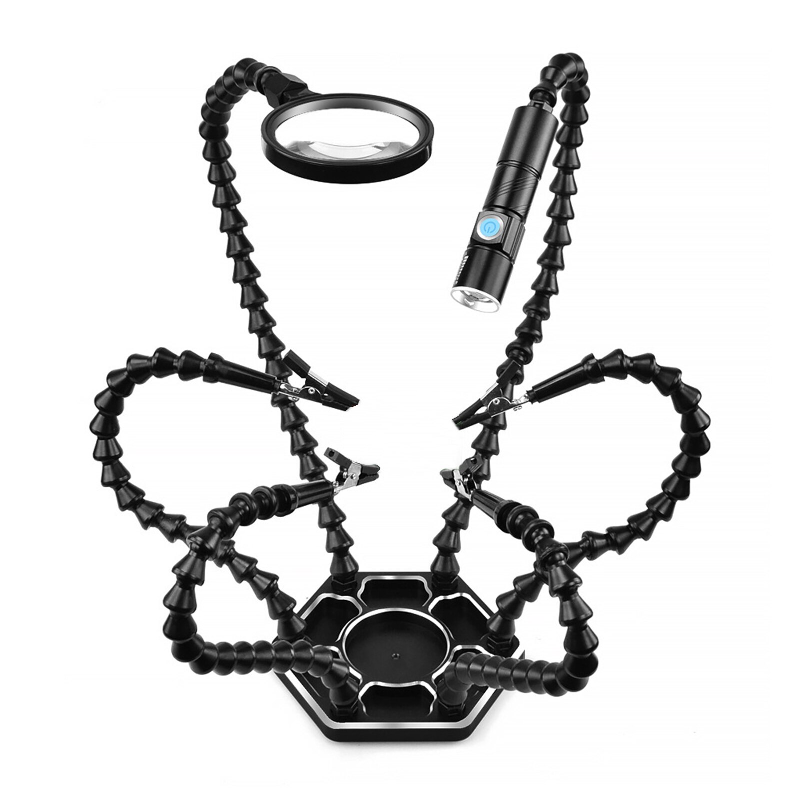 Helping Hands Soldering Third Hand PCB Tool with 6 Flexable Arms Light Rotatable Clips and Stable Desk Clamp Base for Soldering: with light