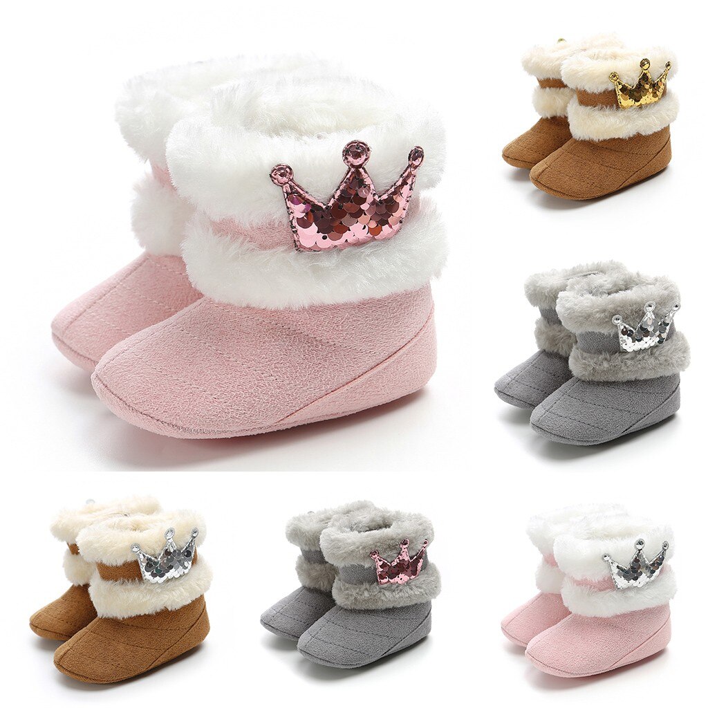 Baby Winter Stiefel Infant Kleinkind Newborn Nette Cartoon Crown Schuhe Mädchen Jungen Erste Wanderer Super Warm Halten Pelz Rosa Bootie