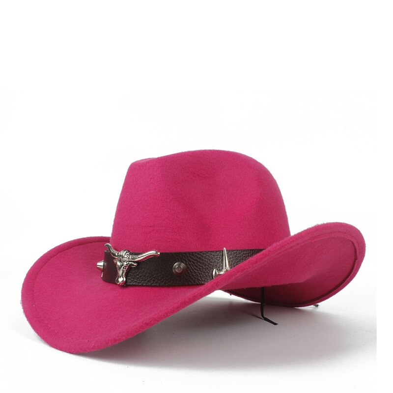100% Wool Women Men Hollow Western Cowboy Hat With Tauren Belt Winter Outback Jazz Toca Sombrero Cap Size 56-58CM: Rose red