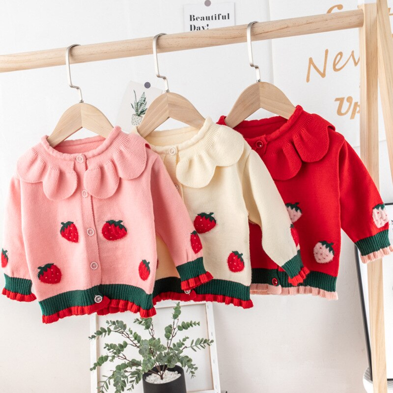 Efterår piger striktrøjer børn søde jordbær cardigans pige sweater