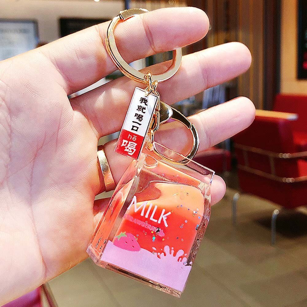 Acrylic Dairy Cow Milk Drinks Keychain Fruit Milk Moving Liquid Keyrings Decompression Drift Bottle Jewelry Kids