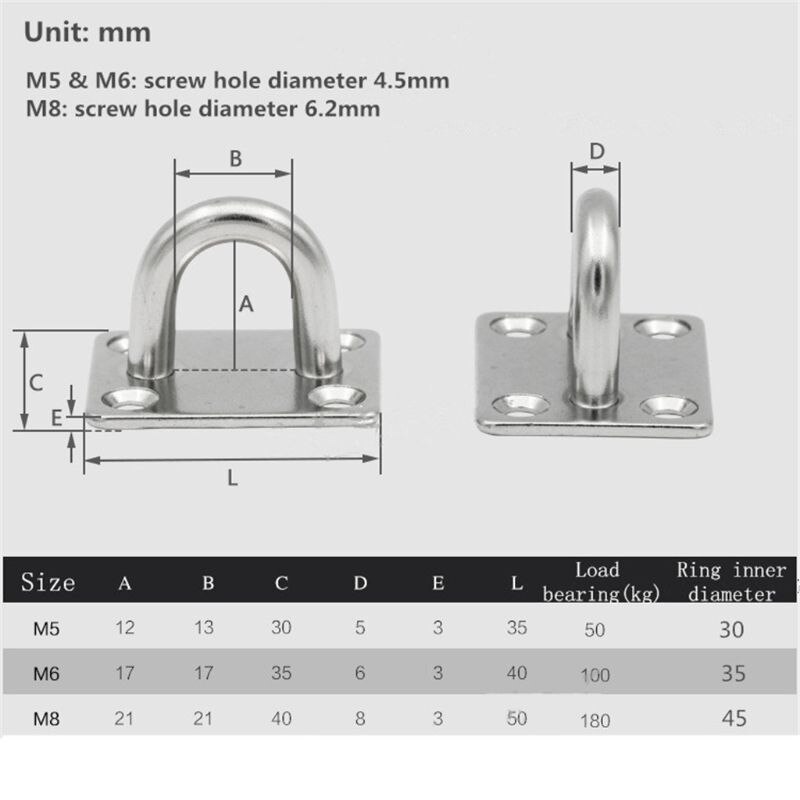 304 Stainless Steel Square Pad Eye Plate Eye Hook with Round Ring Boat Hardware