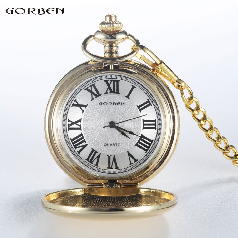 Lyxigt guld slät fickur för män retro romersk nummerurtavla steampunk herr damkvarts fickur med fob kedja