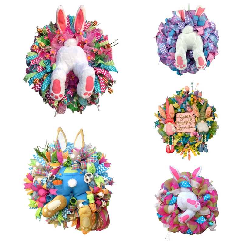 Easter Rabbit Wreath Bunny Decoration Garland Front Door Hanging Ornament Wall Home Party Easter Wreath Decorative