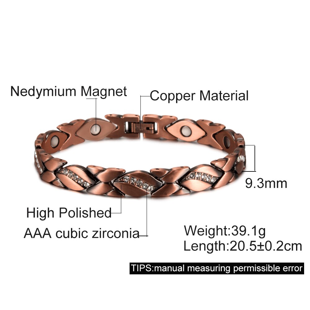 Magnetic Pure Copper Bracelets for Women Cubic Zirconia Chain Link Copper Magnetic Bracelet Arthritis Health Energy Arthritis: 20.5cm 9.3mm