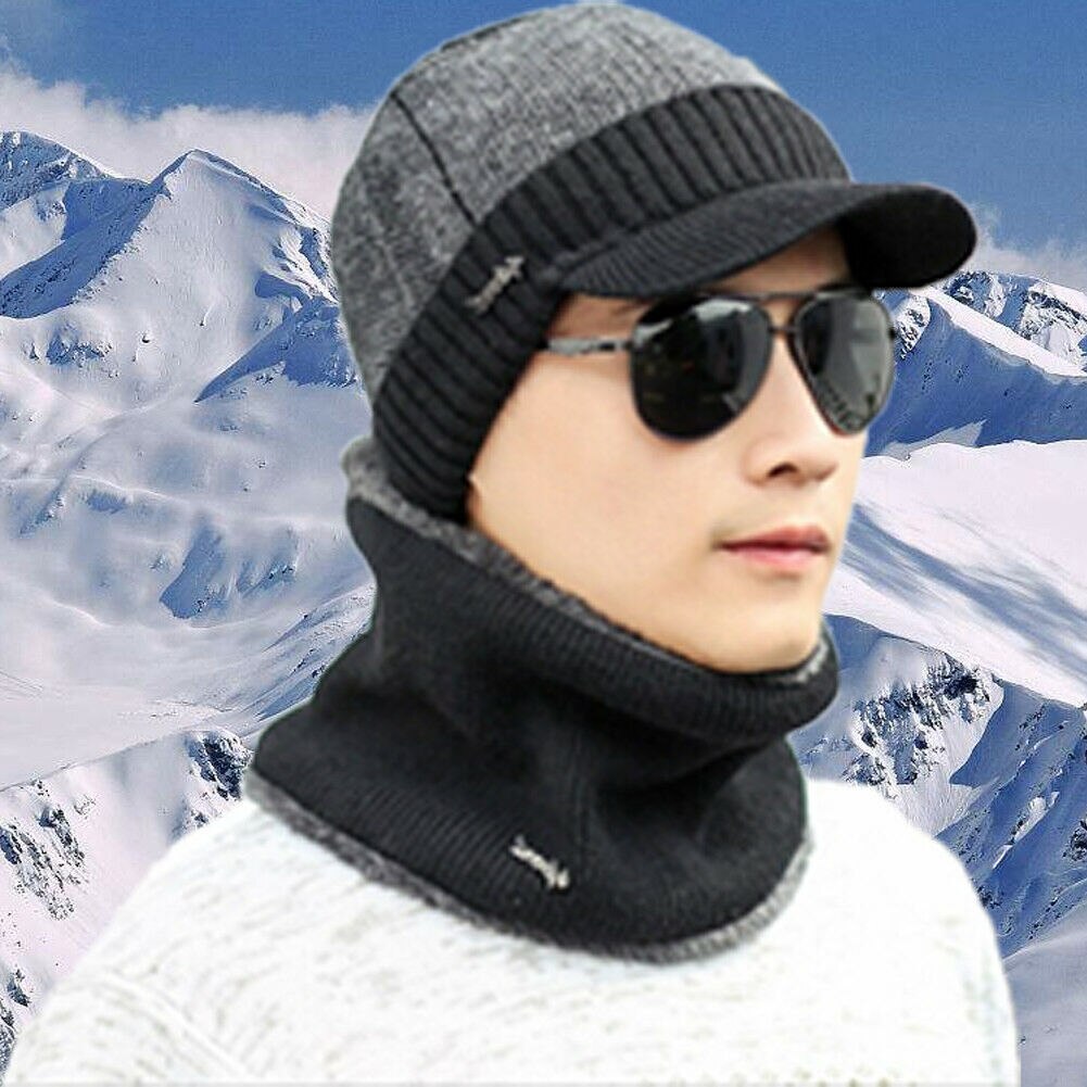 Venda quente inverno tricô chapéu cachecol conjunto masculino cor sólida quente boné cachecóis masculino inverno ao ar livre acessórios chapéus cachecol 2 peças: Black