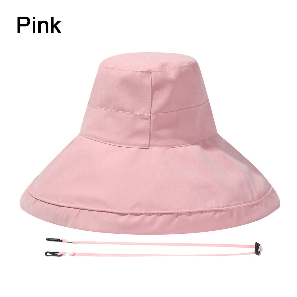 Women Bucket Hat Foldable Portable Outdoor Anti-UV Beach Sun Hat Big Visors With Windproof Rope Spring Summer Fisherman Cap: pink