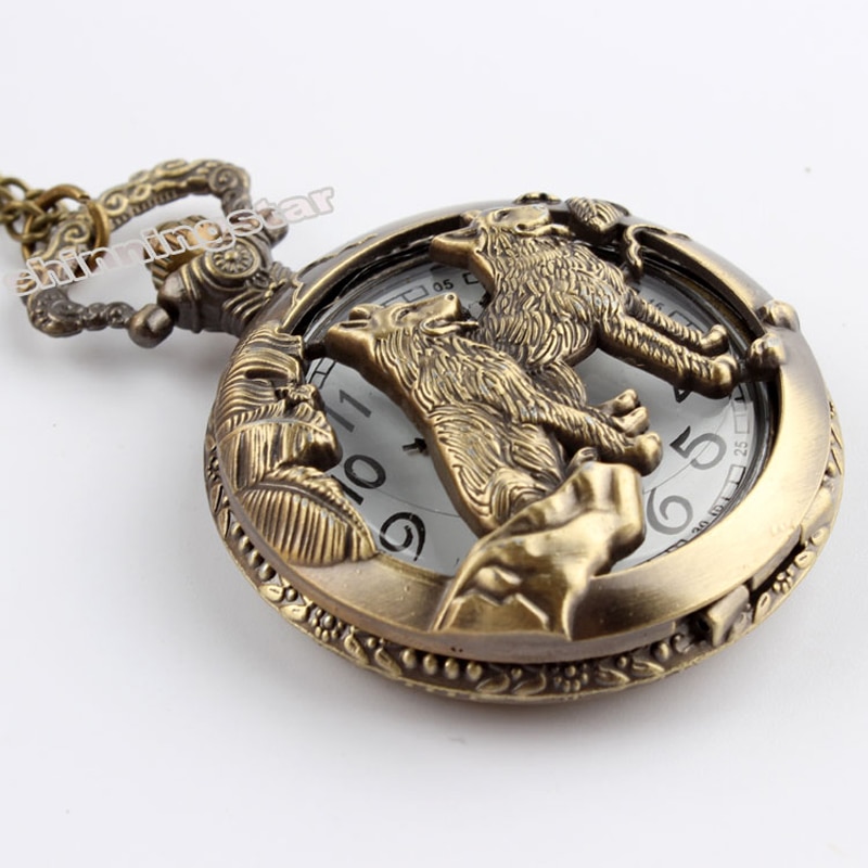 Retro Bronze Wolf Hollow Quartz Pocket Watch Mens Women Necklace Pendant FOB Chain Steampunk Pocket Watches