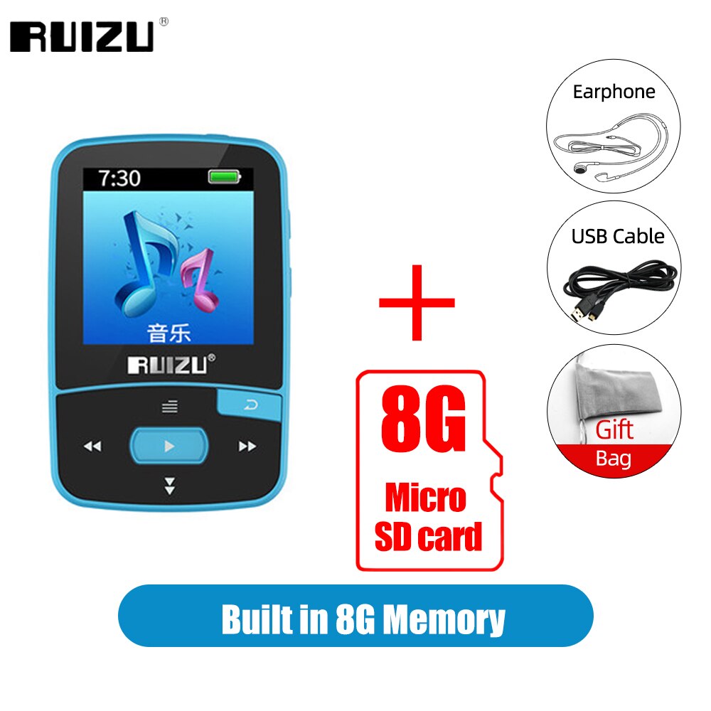 RUIZU X50 Sport lettore MP3 con Bluetooth 8GB Mini Clip Music lettore Audio supporto Radio FM registratore EBook orologio pedometro Video: 8G Blue Add 8G Card