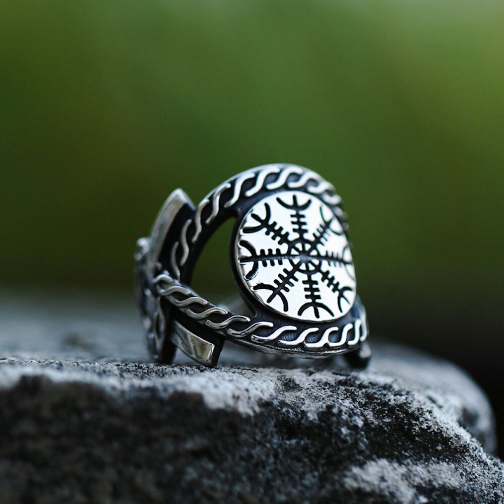 Bague boussole Viking pour hommes, en acier inoxydable, tampon nordique rétro, anneau d&#39;ouverture à la , motard, bijoux ,