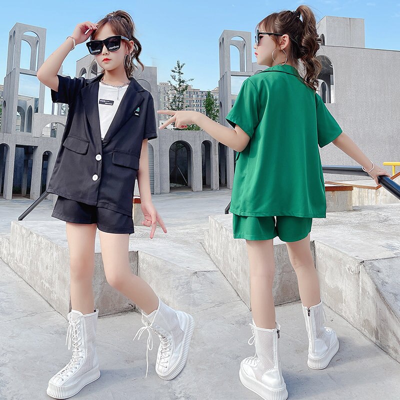 Mode Tiener Meisjes Kleding Set Korte Mouw Jas + Shorts Twee Stukken Zomer Casual Cool School Kids Trainingspak Kind outfit