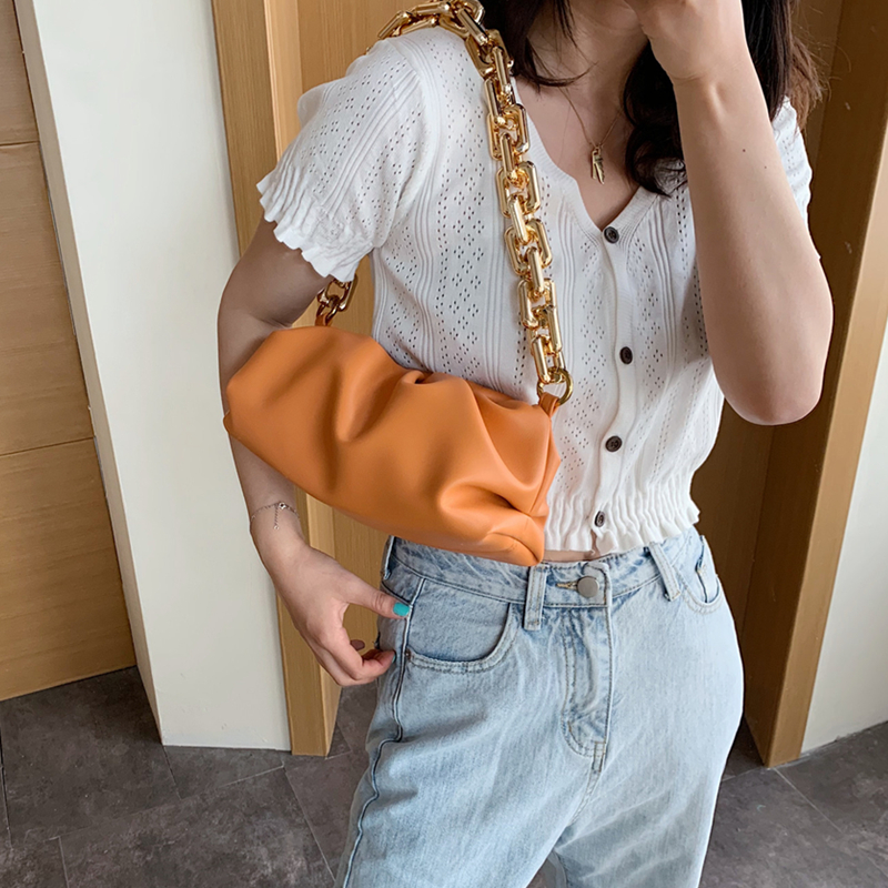 Été épais chaîne ruché sacs à bandoulière pour les femmes doux en cuir PU aisselles femme embrayage filles pochette