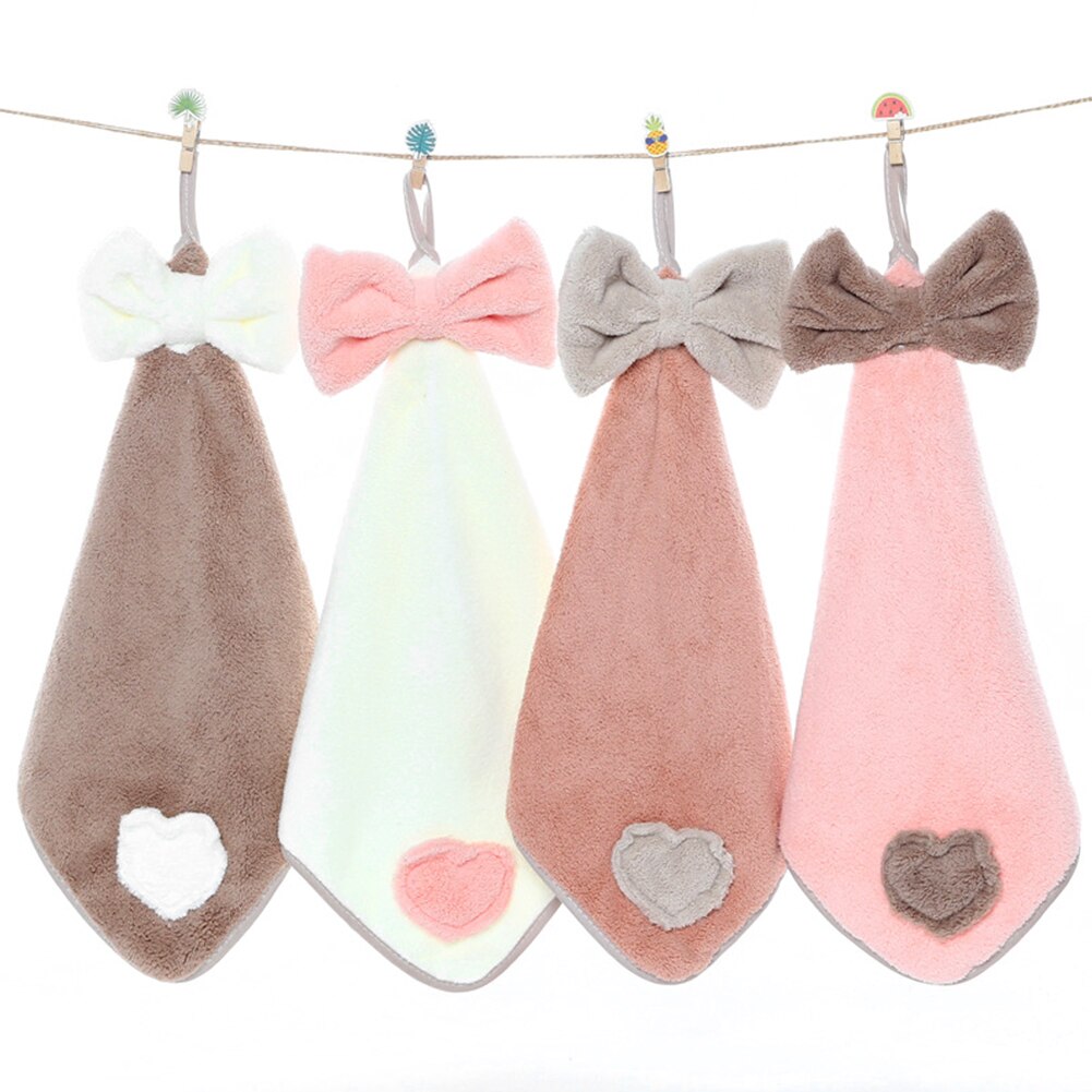 4 Stuks Zachte Absorberende Badkamer Keuken Leuke Strik Home Wipe Coral Fluwelen Snel Droge Handdoek Opknoping Wassen Vaatdoek Rag