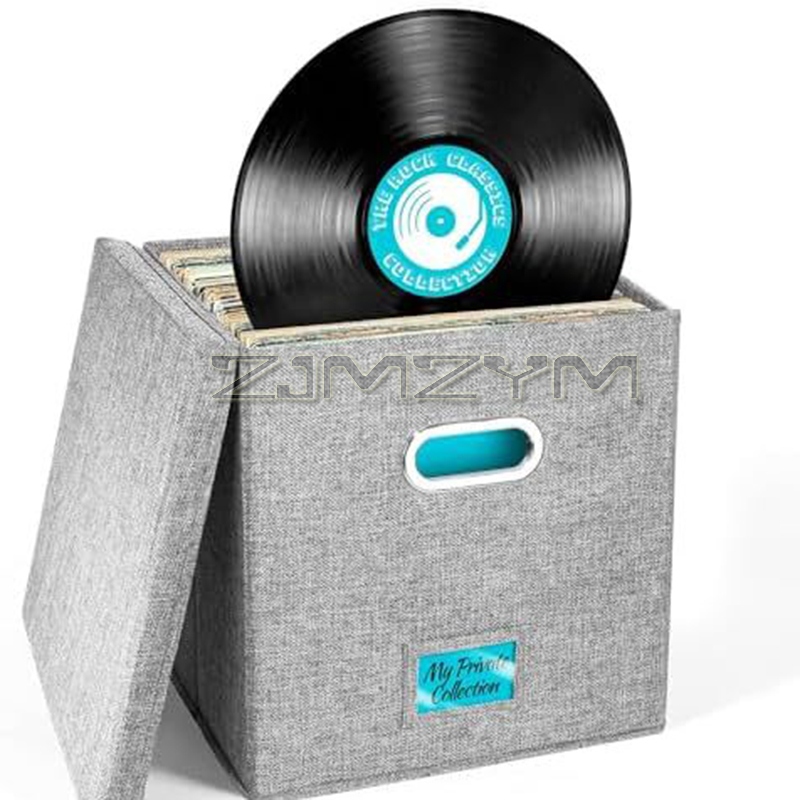 Collapsible Vinyl Record Storage Box Multi-Compartment Album Box Fabric Vinyl Record Dustproof Organizer With Lid Handles cd보관함: grey