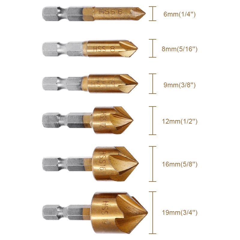 6 stücke Senker Bohrer einstellen 1/4&#39;&#39; verhexen Schaft HSS 5 Flöte Senker 90 Grad Holz Anfasen Cutter Fase 6mm-19mm: 6Stck Chamfering