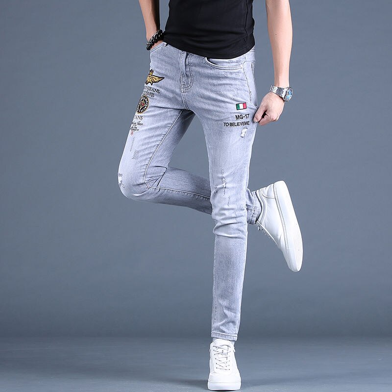Beggar Style Men’s Slim-fit Ripped Jeans Embroidery Stretch Denim Pants,Scratches Sexy Gray Jeans Pants;