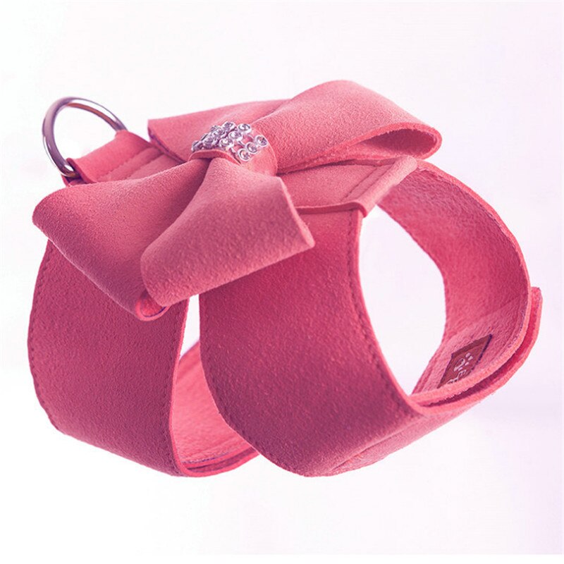 Harnais en cuir suédé souple pour petit chien, pour chiot, Chihuahua Yorkie, mignon, avec nœud en laisse, strass rose