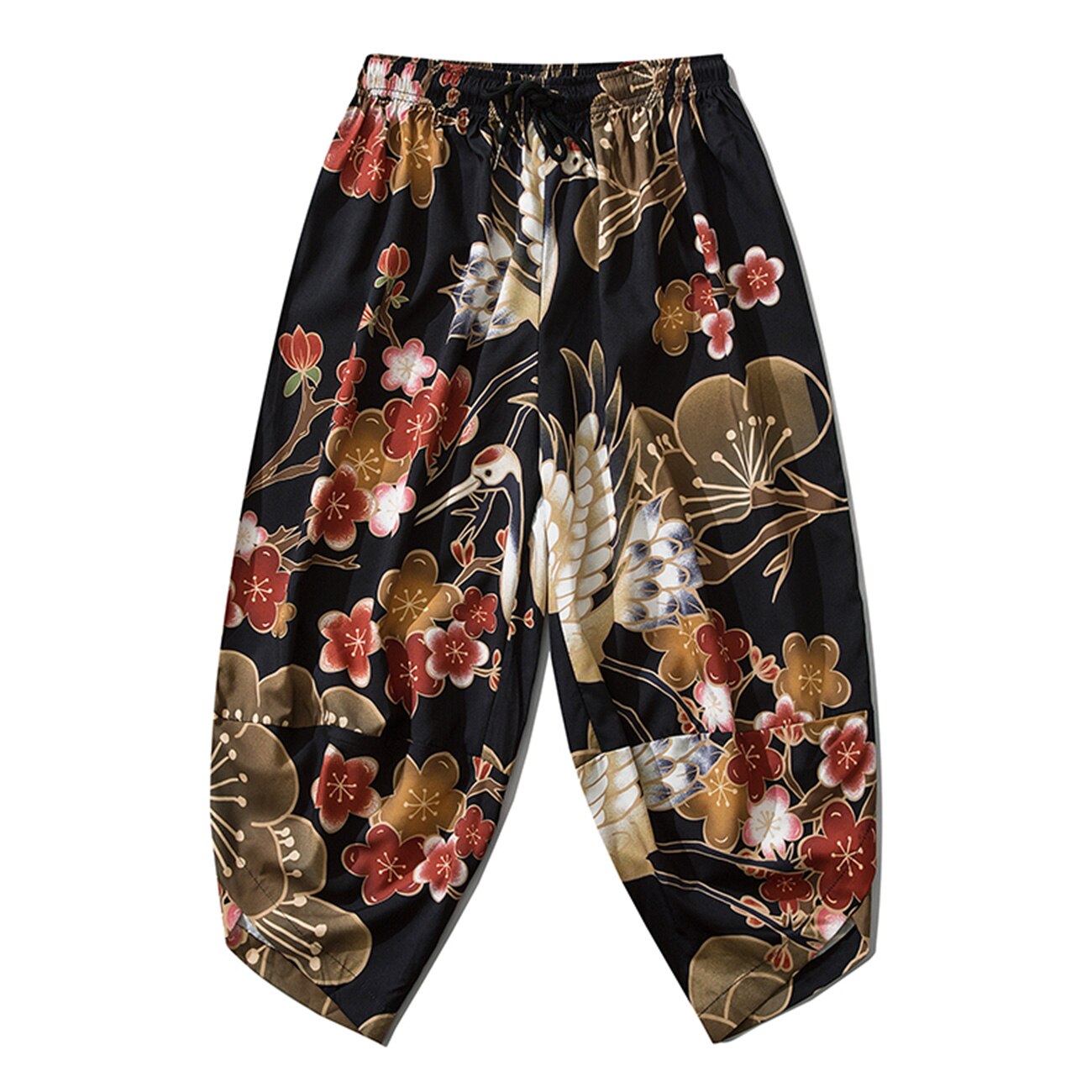 Hip Hop Japanese Thin Japan Style Trousers Floral Printed Baggy Calf-length Pants Harajuku Joggers Men Trousers Streetwear Black