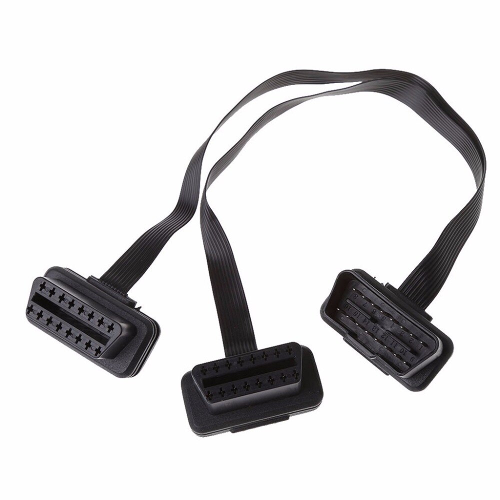 OOTDTY 30cm 16 Pin OBD2 Male To Double Female Splitter Flat Thin Y Connector Extension Cable Suit for OBD II port