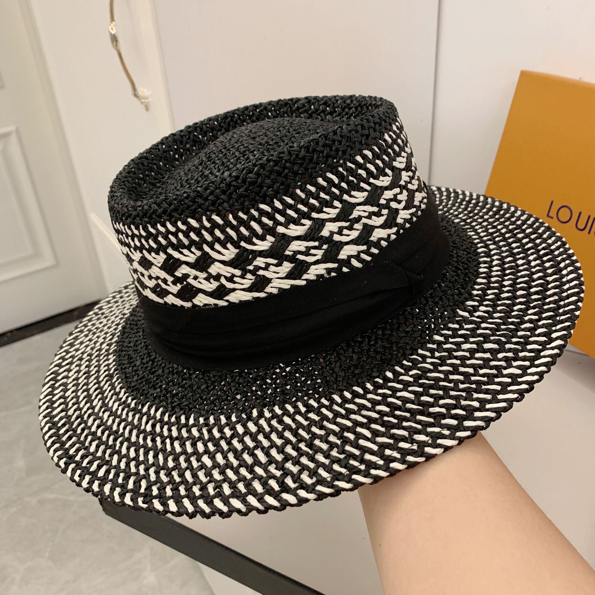 Sombrero de paja francés para mujer, gorra de paja francesa con visera cóncava, sombrero de playa hecho a mano, , verano: Black