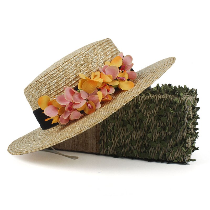Sombrero de paja de trigo para mujer, gorro de sol plano con flor roja para playa, verano, , 100%: straw-Yellow Flower
