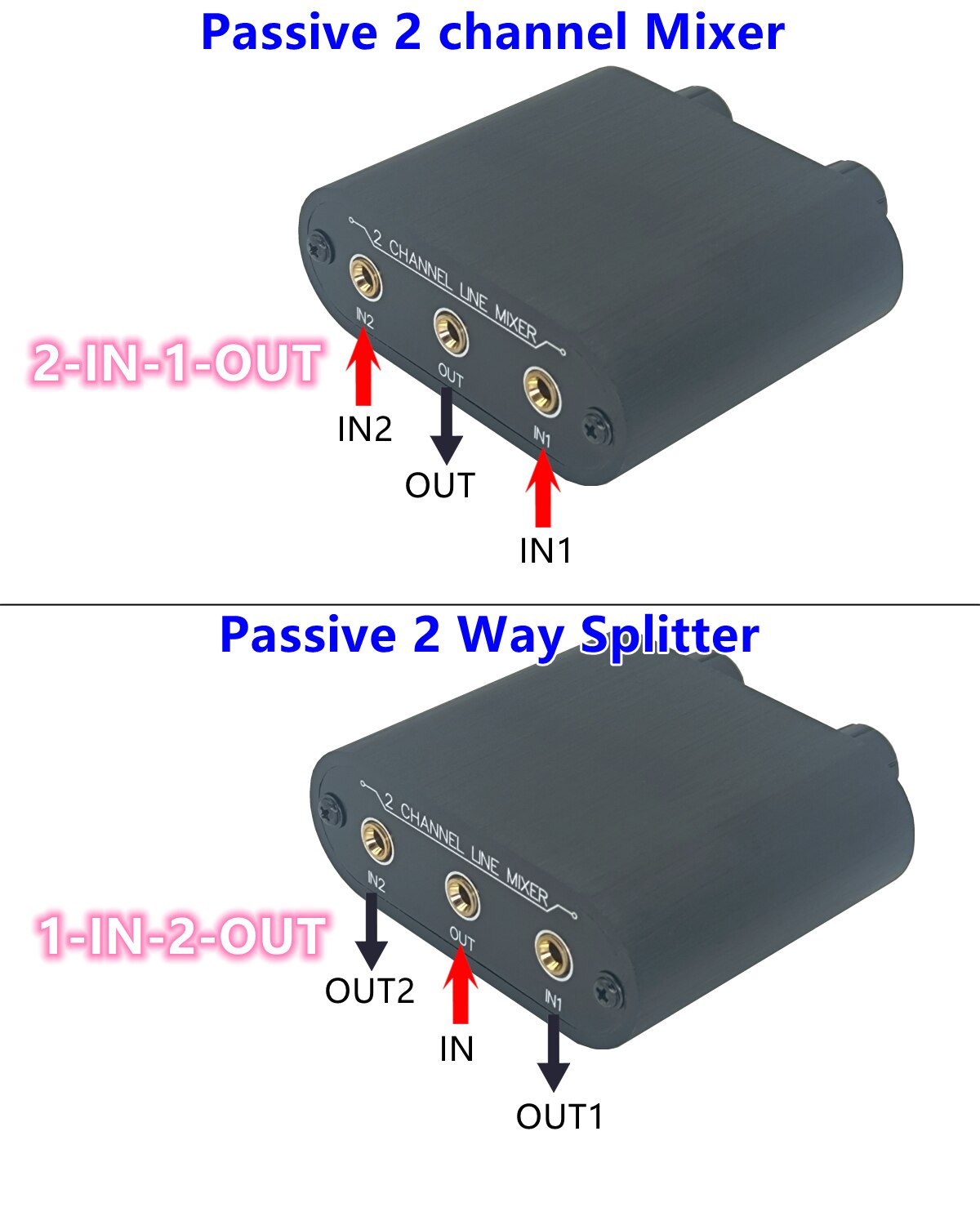 (X21) 2 Way Audio mixer 3.5mm Un-powered mixer, 2 to 1 Stereo aux 3.5mm line levels control Box mini passive mixer