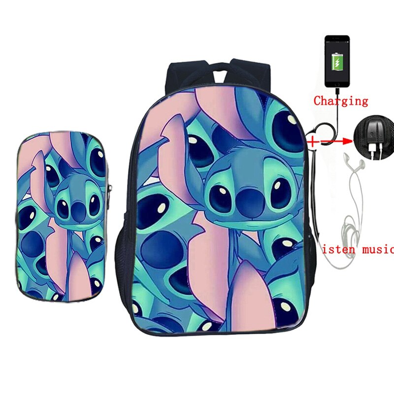 USB Opladen Rugzak Jongens Meisjes Stitch Gedrukt Rugzak Schooltassen met Etui 2 stks/set Casual Reizen Shouler Rugzak: 16