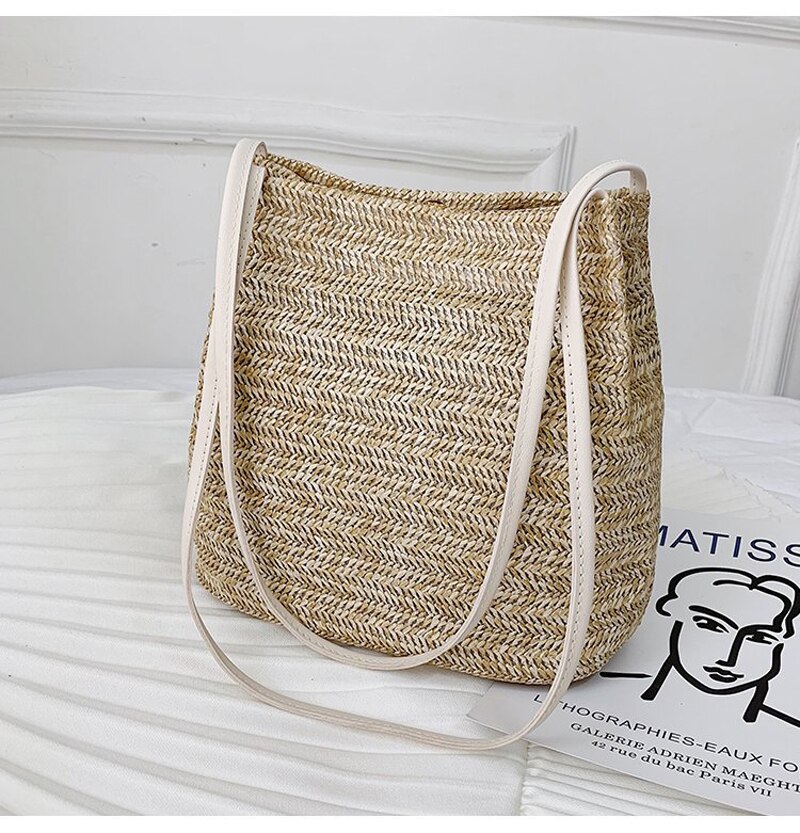 Dames stro boodschappentassen crossbody tassen gebreide stro tas emmer handtas boho dames geweven tassen rotan tas: Wit