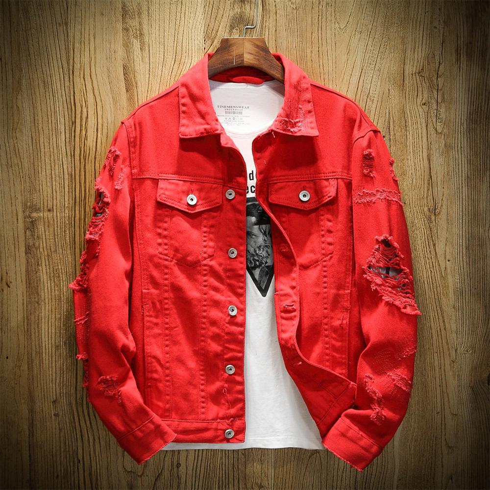 Lente Herfst Mannen Jean Jacket Slim Fit Katoenen Denim Jacket Rood Wit Zwart Ripped Gat Jean Jassen Mannen uitloper Plus Size
