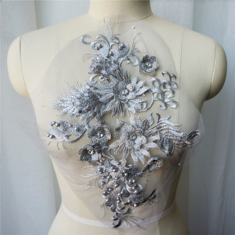 Embroidered Lace Fabric Rhinestones Flower Appliqu...  Grandado