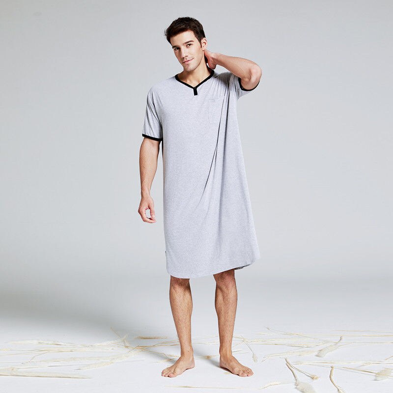 Men Sleep Robes Pajamas Short Sleeve Solid Pajamas Pockets Cozy Cotton Vintage Homewear Nightgown Mens Bathrobes Men Clothes