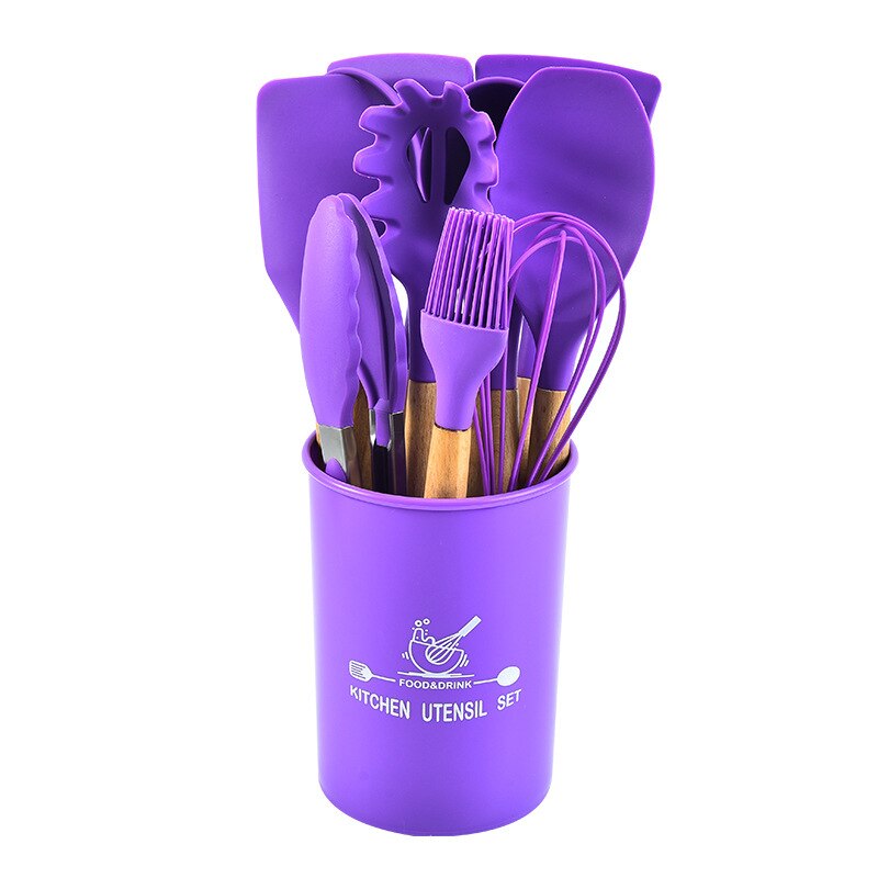 12 Stks/set Food Grade Siliconen Koken Gereedschap Keuken Non-stick Ei Kloppers Spatel Keukengerei Huishouden Houten Handvat Item: Purple