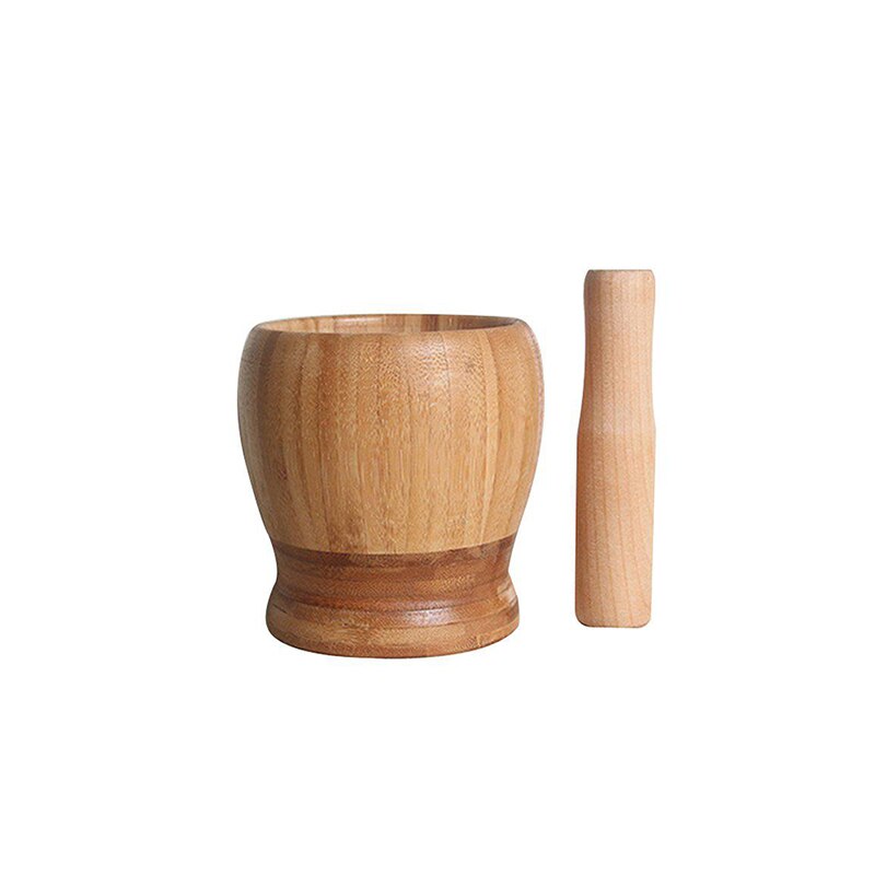 Pestle slibeskål sæt bambus mørtel og hvidløg pot krydderi peber møller værktøj køkkenredskaber husholdnings køkken værktøj: Medium uden låg