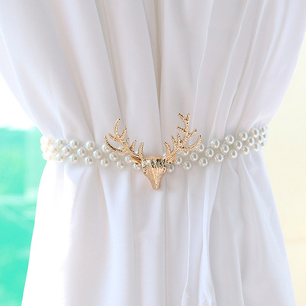 Curtains Easter Pearl Elk Buckles Window Stretchable Leaves Decorations Golden Accessories Strap Modern Feather Tieback Home: gold pearl deer head