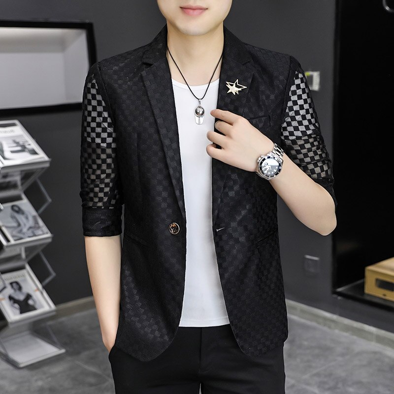 Summer Hollow Out Men Blazers Half Sleeve Slim Casual Suit Jacket Thin Sunscreen Business Street Wear Social Jacket Men Clothing