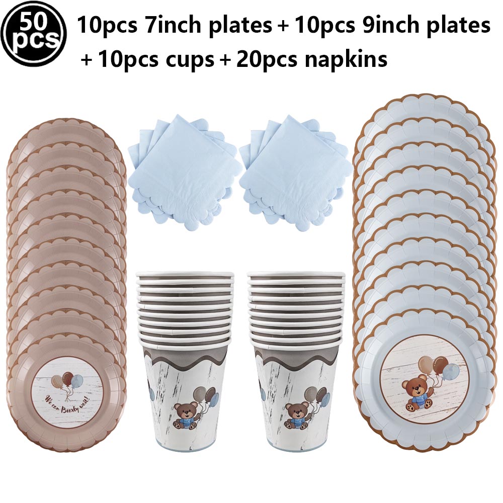Decoración de temática de oso marrón azul, plato de 7 "/9", servilleta, taza, vajilla desechable para Baby Shower, decoración de cumpleaños con tema de oso: Azul