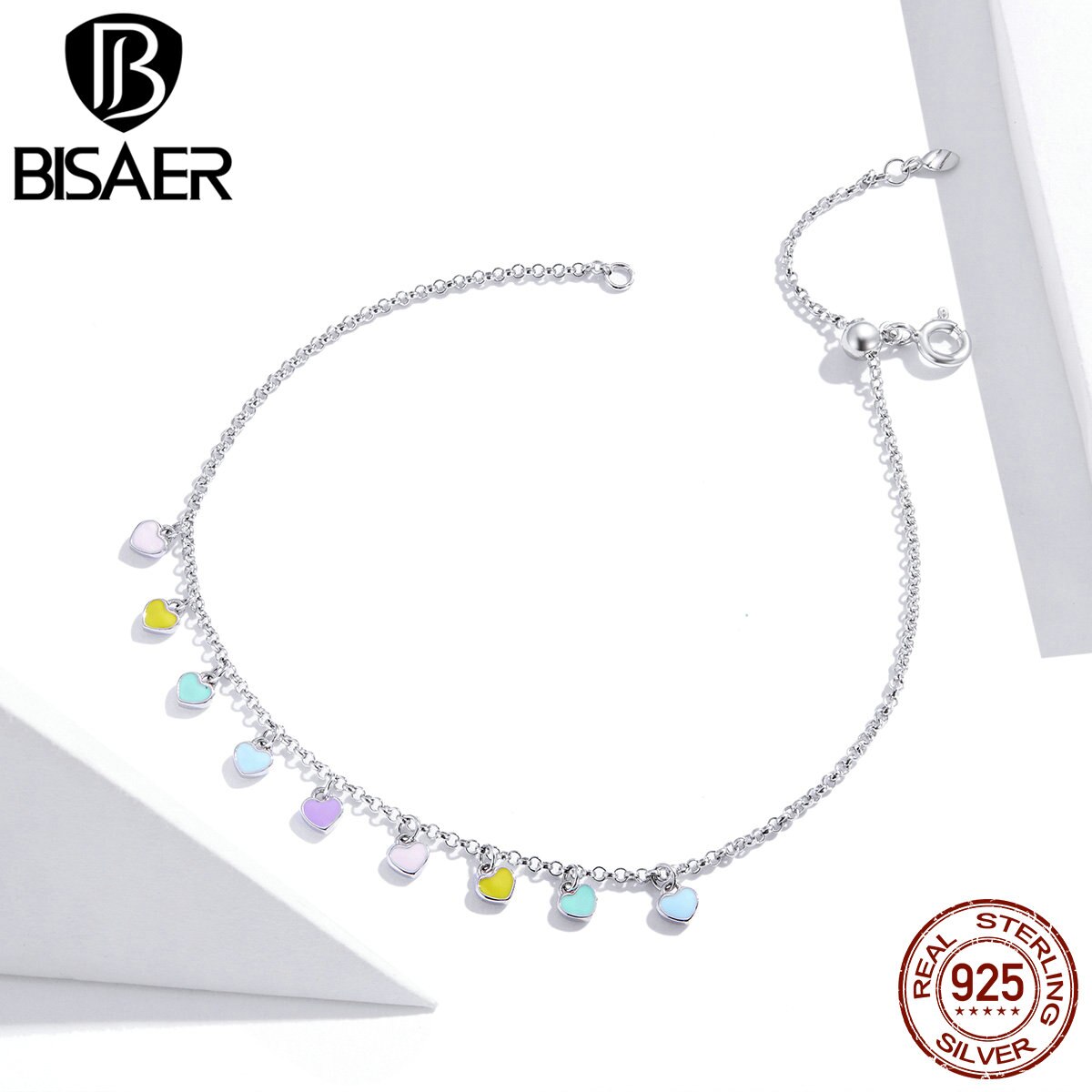 BISAER Neue Fußkettchen Regenbogen Herz 925 Sterling Silber Bunte Kette Fußkettchen Für Frauen Füße Bein Kette Link Schmuck