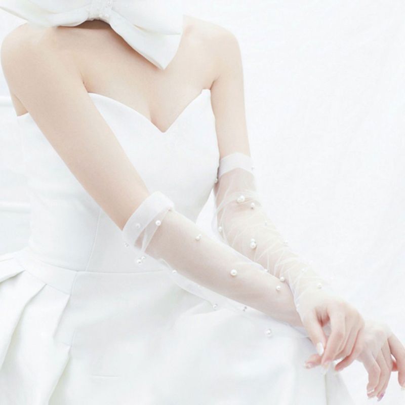 Simple Wedding Dress Gloves Bride Long Glove Photography Props Thin Section Mesh Artificial Pearl Mittens: Default Title