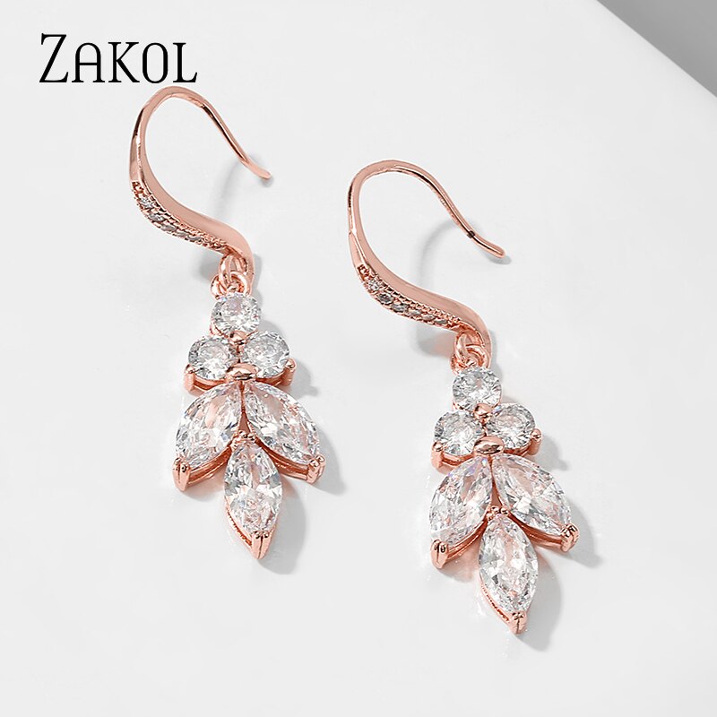 ZAKOL Marquise Cut Cluster Flower Zirconia Crystal Long Dangle Earrings Shiny Leaf Bridal Wedding Jewelry for Women