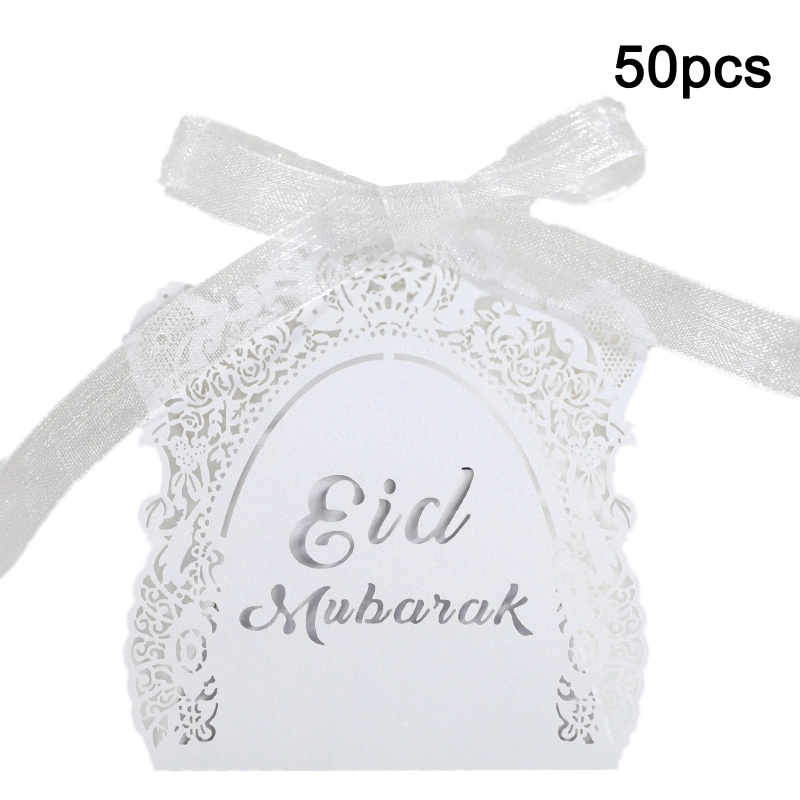 50pcs Eid Mubarak Candy Box Ramadan Decoration Hollow Wedding Party Favor Chocolate Boxes with Ribbons: W-1