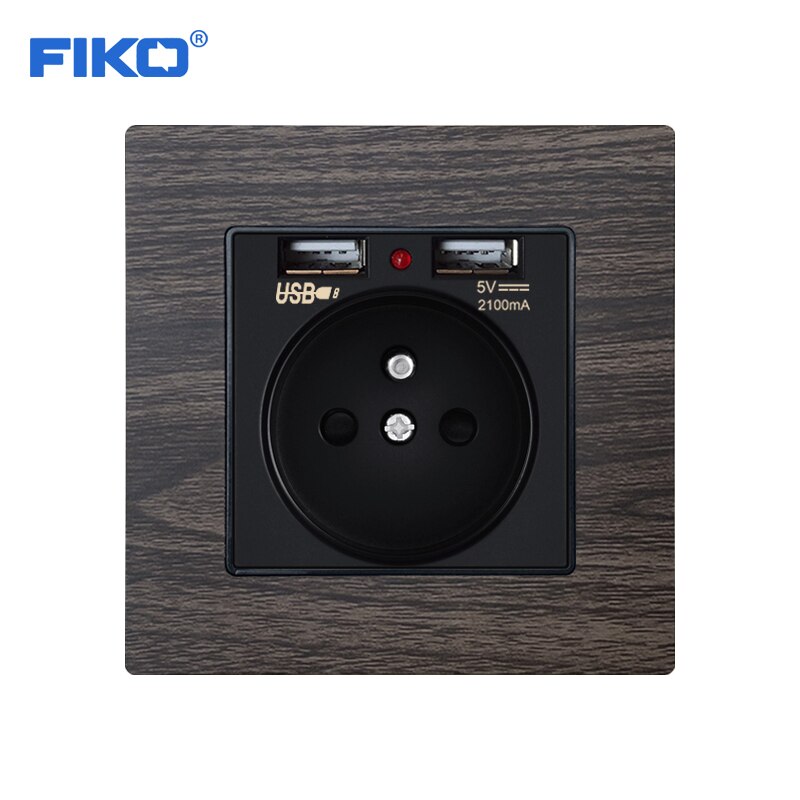 FIKO Ouro liga de Alumínio painel de FR/padrão DA UE com USB ,16A 86*86 milímetros tomada de parede tomada de parede casa de segurança: Wood grain-Black