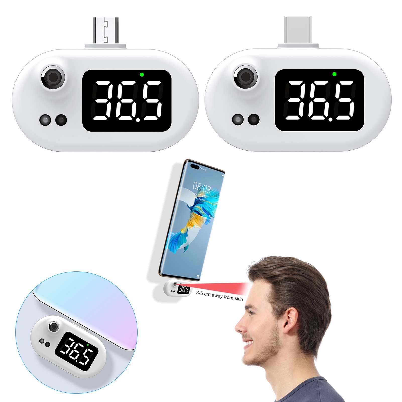 Minitermómetro Digital USB para teléfono móvil, higrómetro tipo C con pantalla LED, sin contacto, Sensor de temperatura infrarrojo