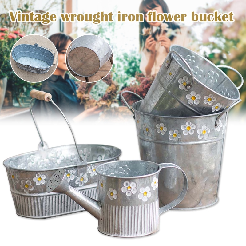 Cubo de hierro para flores, maceta, colgante Retro, barril, cubos para flores, plantas J2Y