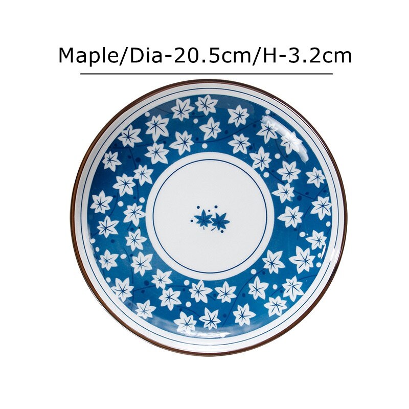 8 inch Japanese Dinner Plate Blue and White Ceramic Dinner Dishes Lotus Orchid Dinnerware Steak Pasta Dishes: Maple